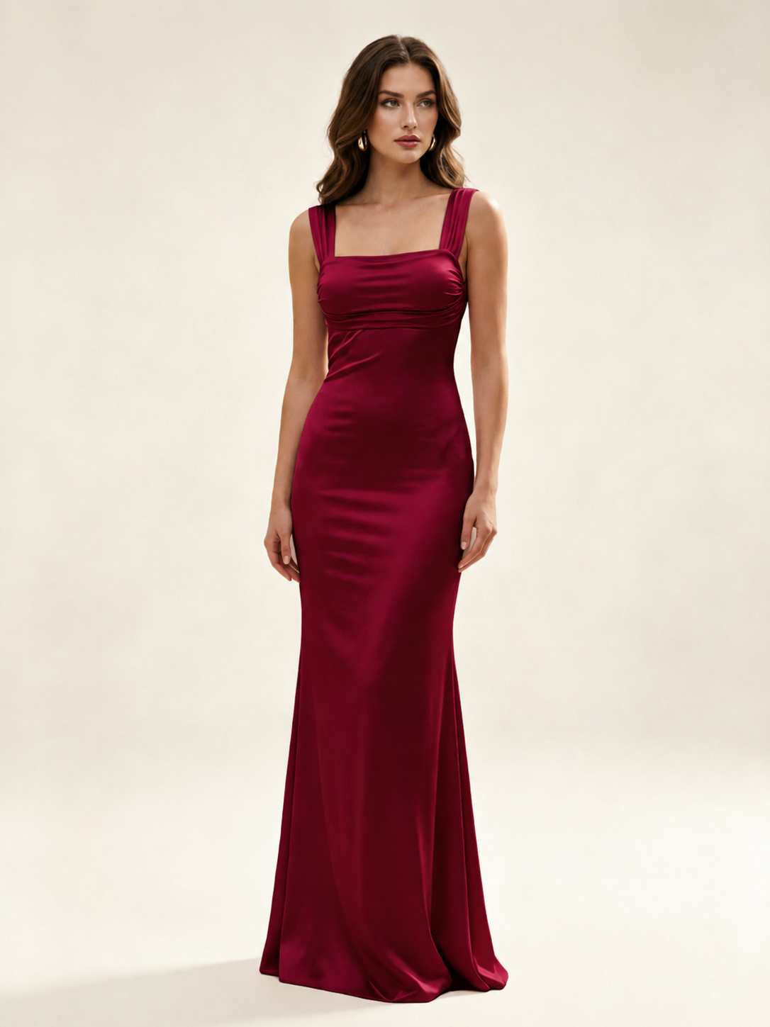 Satin Mermaid Bridesmaid Maxi Dress, Wide Strap Square Neck Cross Lace-Up Open Back