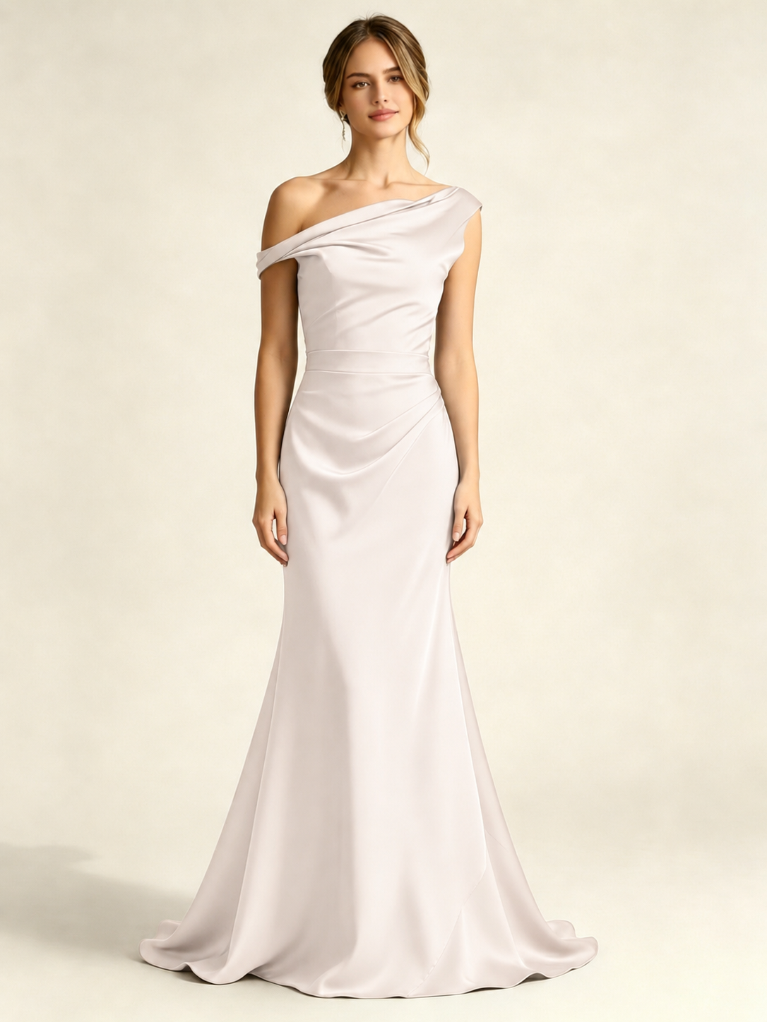 Satin Mermaid Bridesmaid Maxi Dress, Asymmetrical Off Shoulder Ruched Waist Open Back