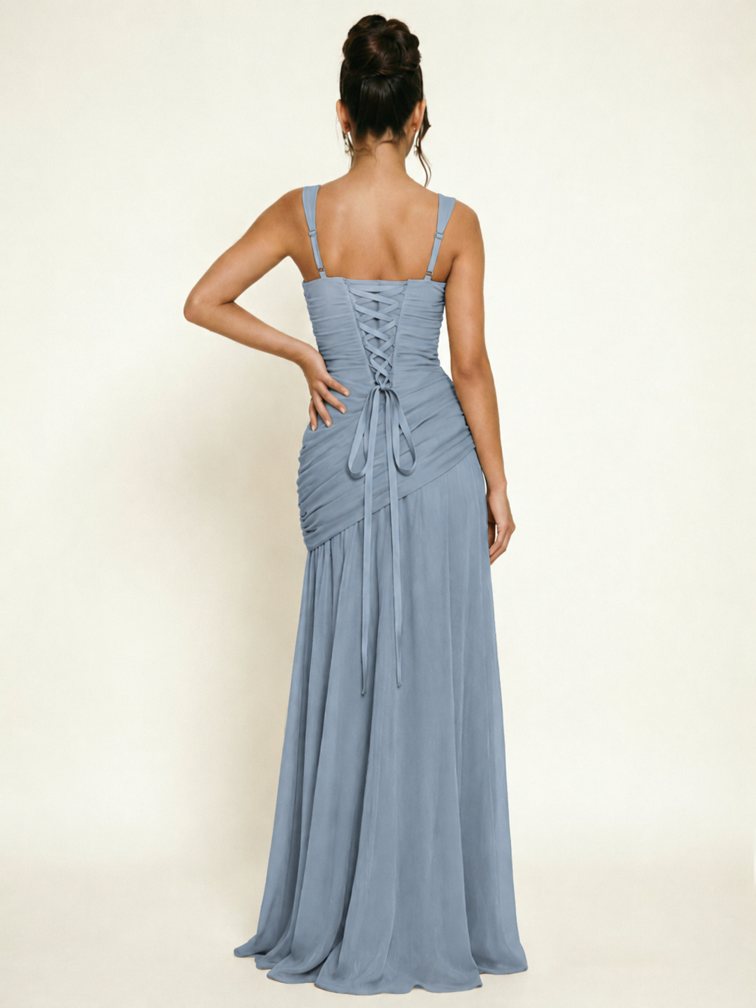 Adjustable Strap Shiny Draped Formal Maxi Dress with Corset Lace Up Back