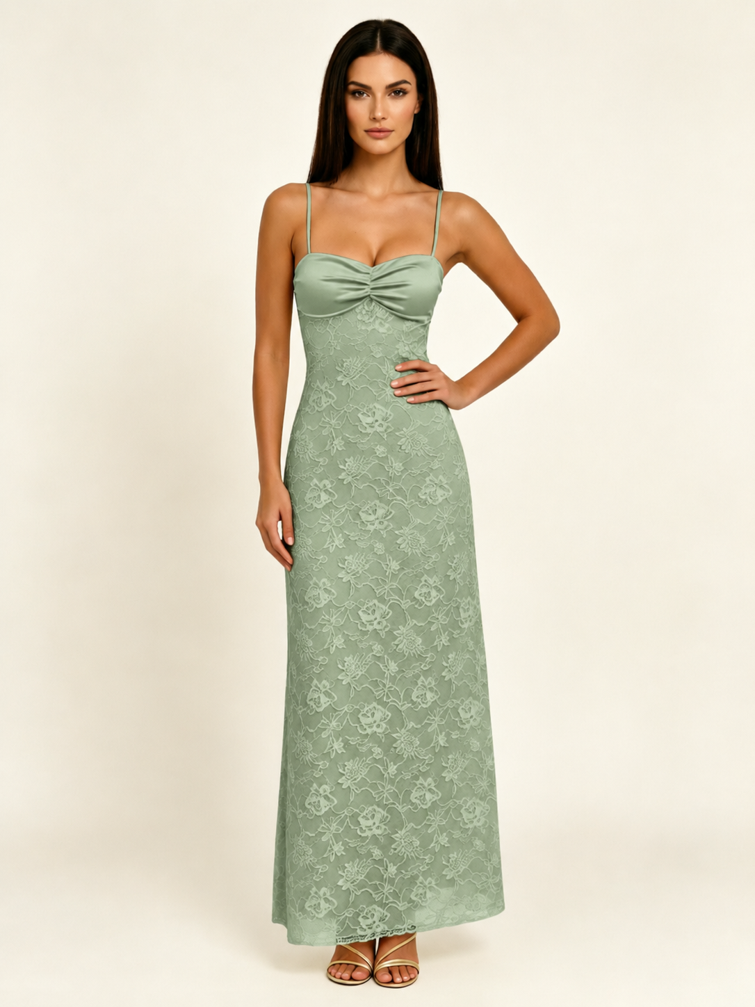 Satin Bust Lace Midi Maxi Dress, Spaghetti Strap Cross Lace Up Back Bridesmaid Dress