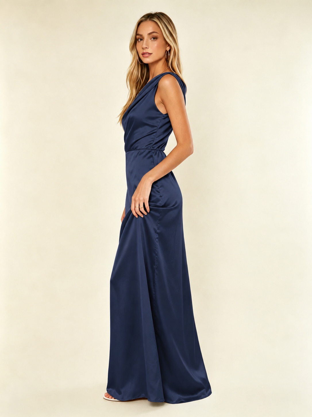 Satin One Shoulder Maxi Dress Asymmetric Draped High Slit Bridesmaid Dress
