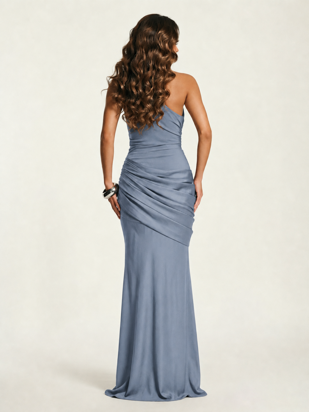 Single-shoulder satin floor-length evening dress