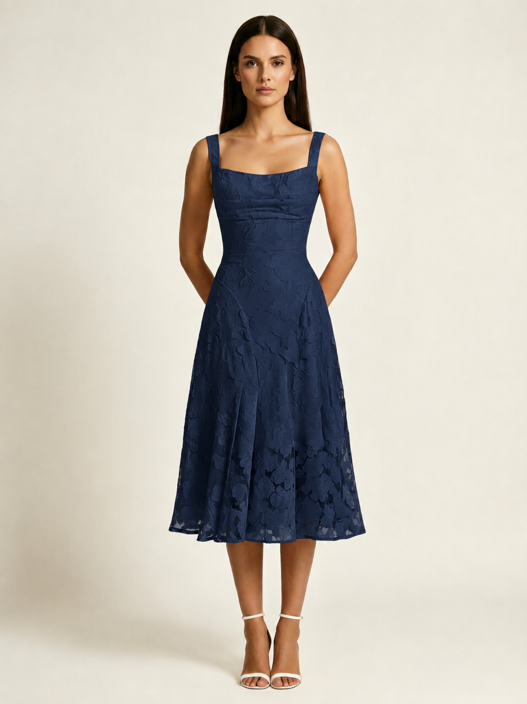 3D Floral Jacquard Square Neck Midi Dress