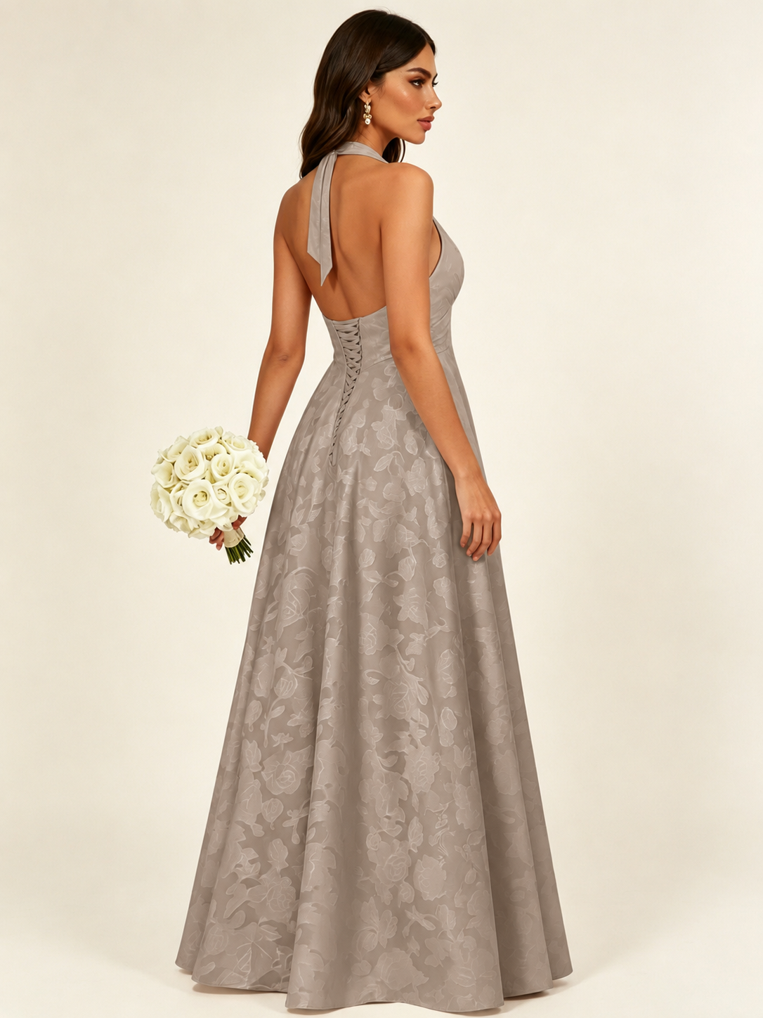 Floral Jacquard Halter Deep V A-Line Maxi Dress Backless Lace-Up Corset Bridesmaid Dress