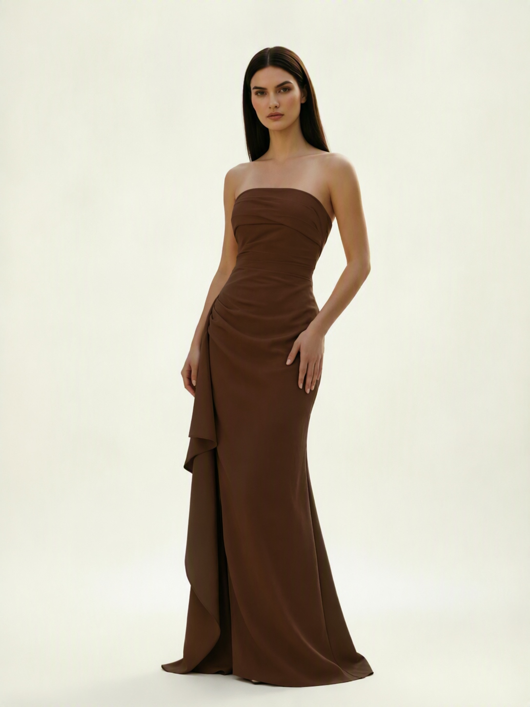 Strapless Mermaid Formal Gown with Side Slit & Draped Detail