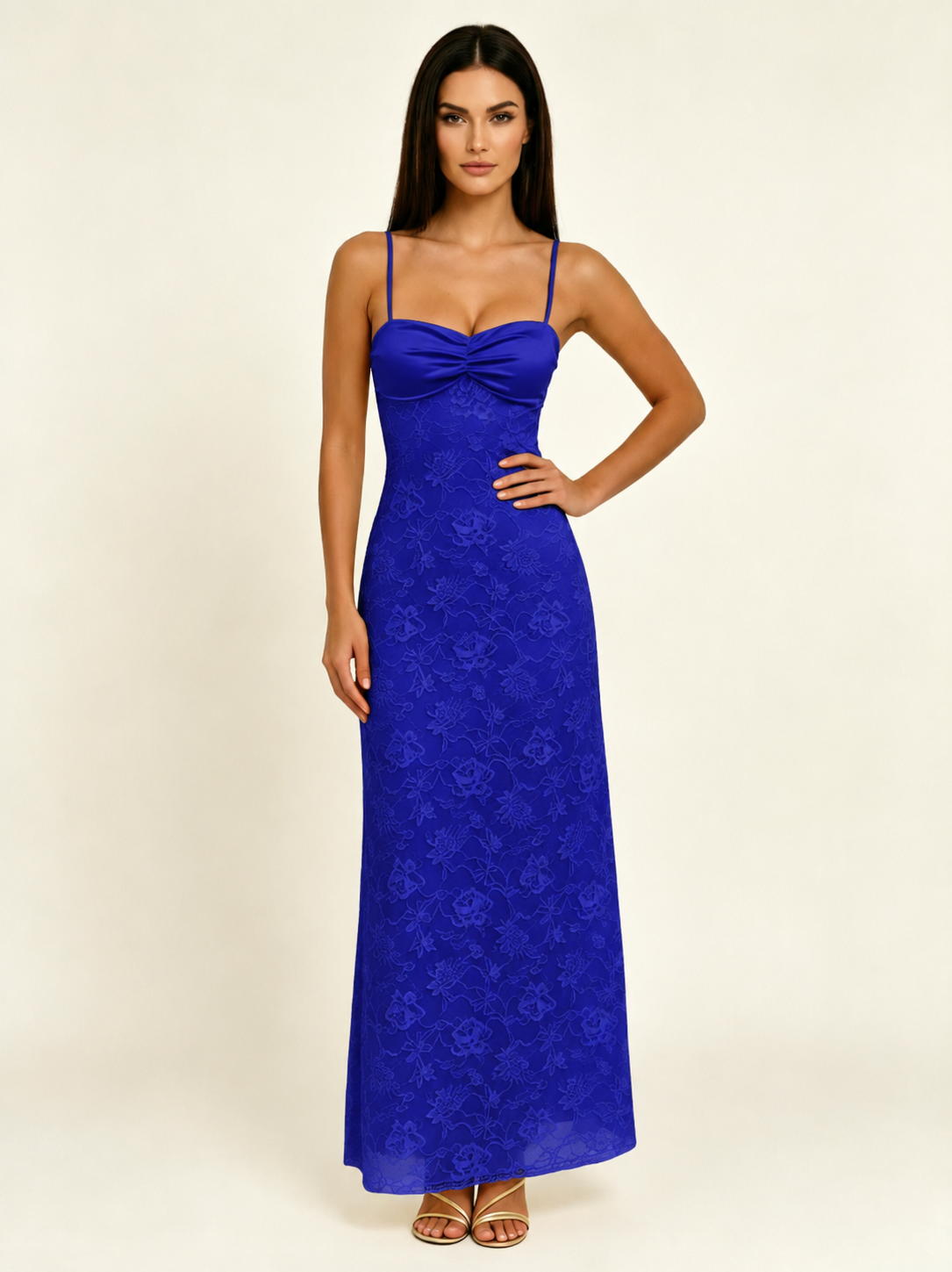 Satin Bust Lace Midi Maxi Dress, Spaghetti Strap Cross Lace Up Back Bridesmaid Dress