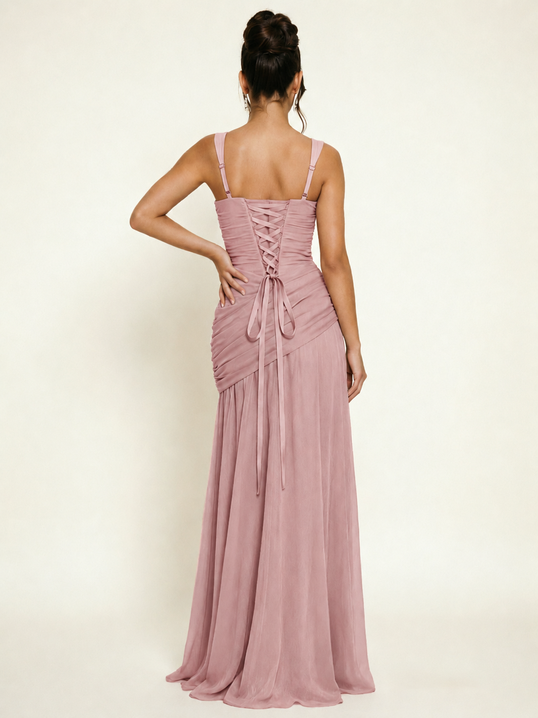 Adjustable Strap Shiny Draped Formal Maxi Dress with Corset Lace Up Back