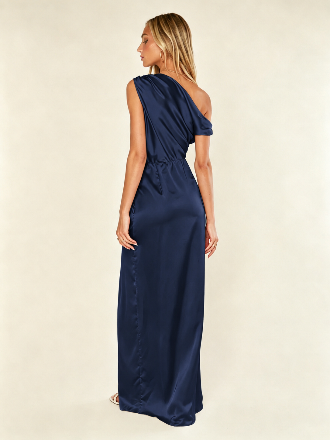 Satin One Shoulder Maxi Dress Asymmetric Draped High Slit Bridesmaid Dress