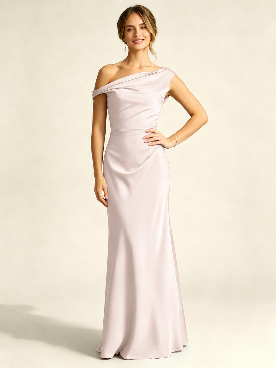 Satin Mermaid Bridesmaid Maxi Dress, Asymmetrical Off Shoulder Ruched Waist Open Back