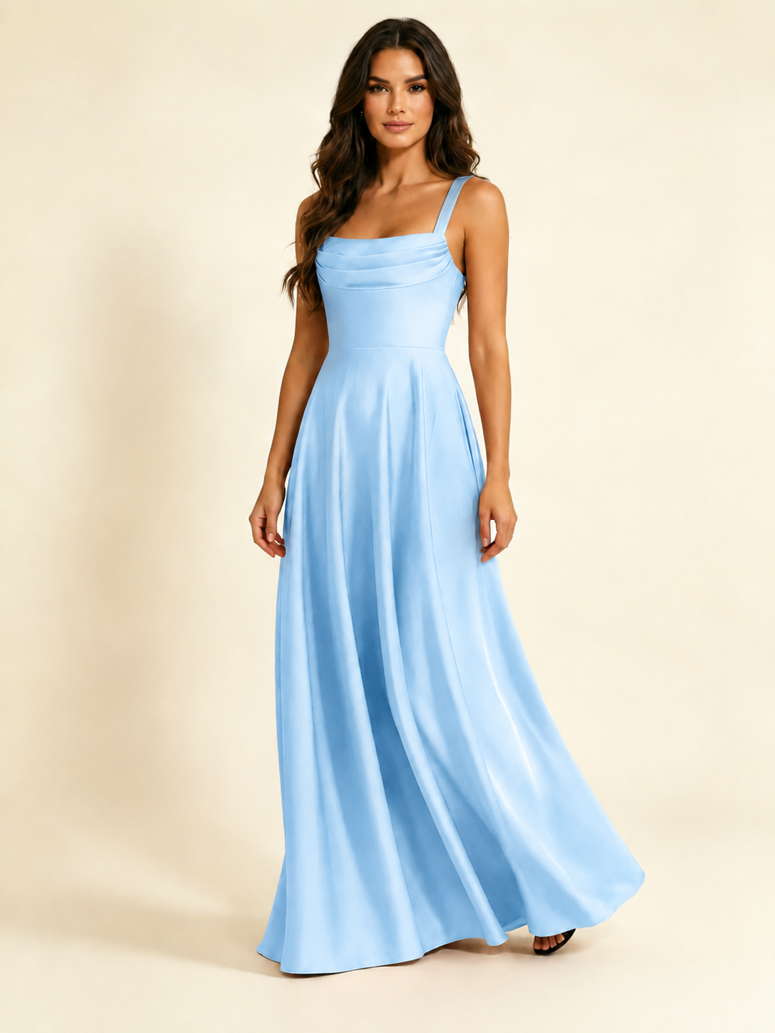 Satin Draped Cowl Square Neck A-Line Maxi Bridesmaid Dress