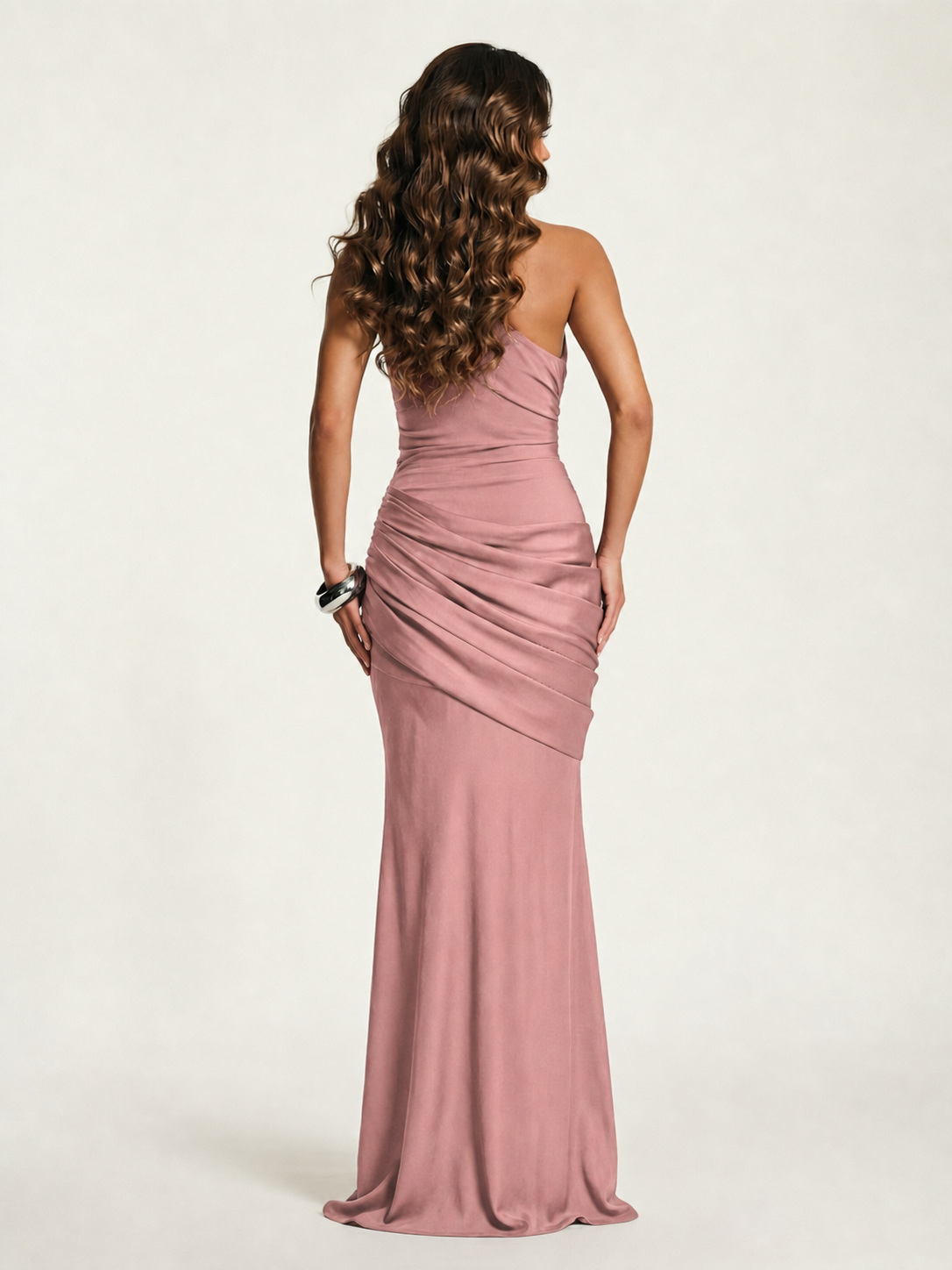 Single-shoulder satin floor-length evening dress