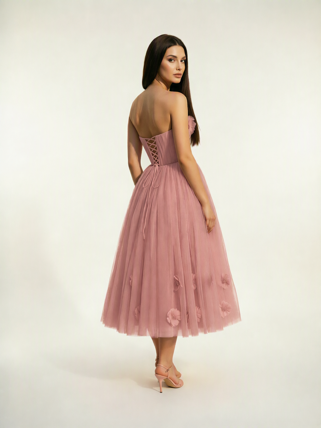 Strapless Tulle Midi Dress with 3D Floral Appliqués, Lace-Up Corset Back