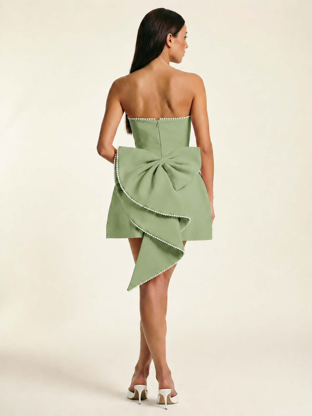 Strapless Pearl Trim Bow Back A-Line Mini Dress