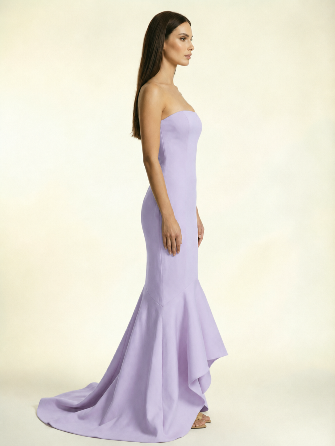 Strapless Satin Mermaid Dress With Ruffled Train & Lace-Up Back