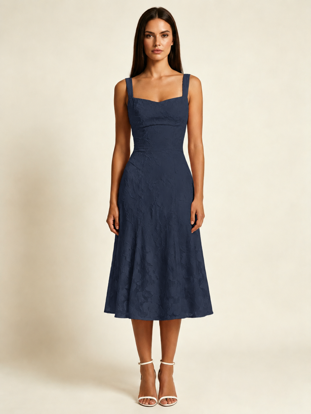 3D Floral Jacquard Square Neck Midi Dress