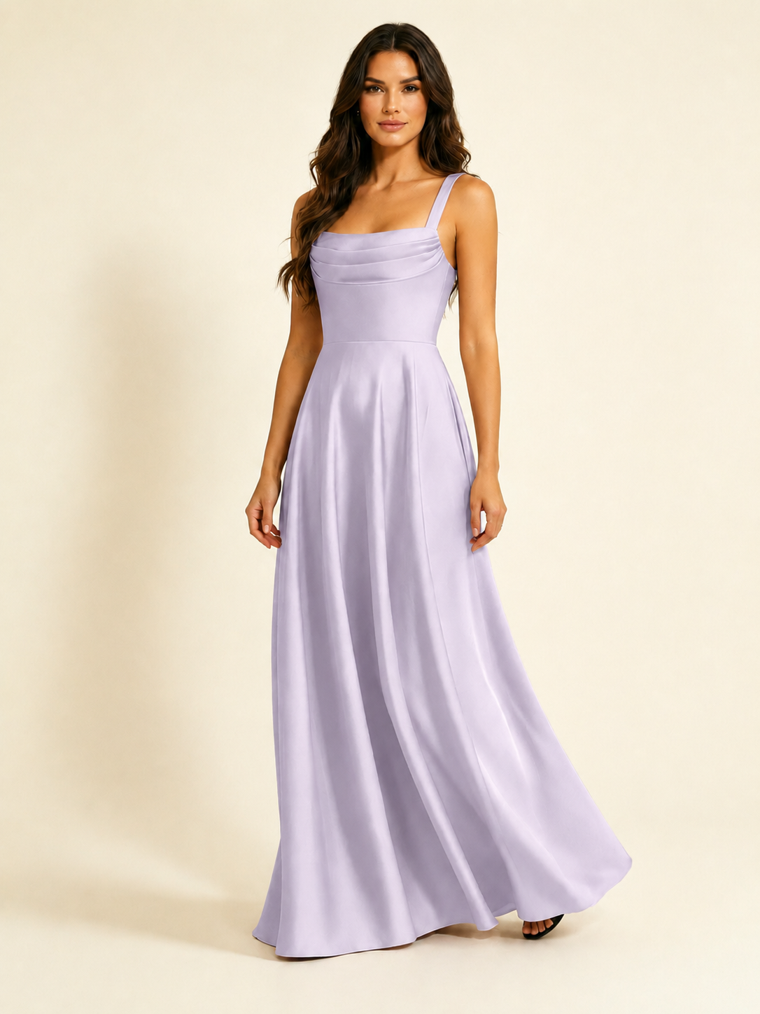 Satin Draped Cowl Square Neck A-Line Maxi Bridesmaid Dress