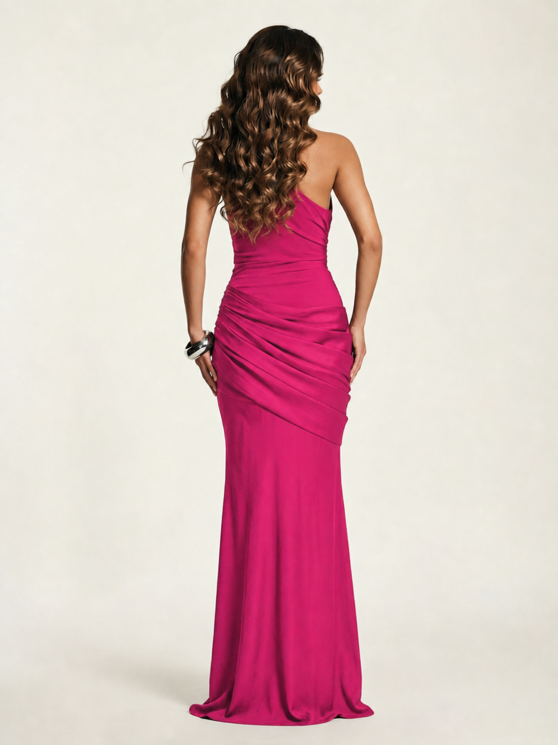 Single-shoulder satin floor-length evening dress