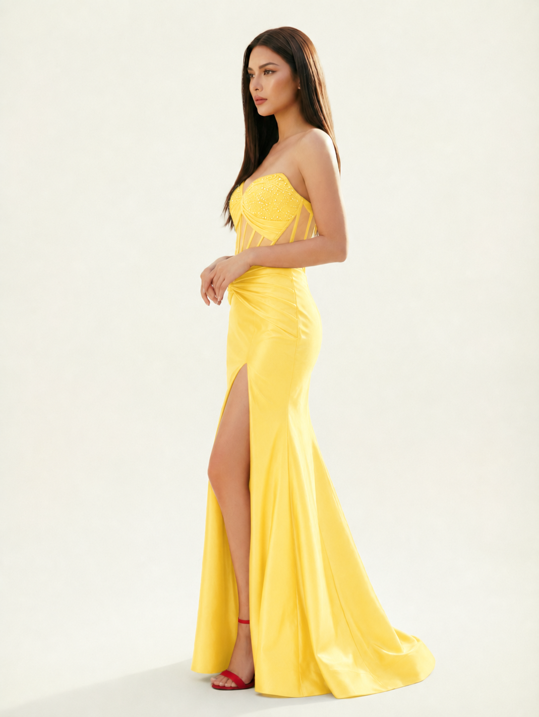 Strapless Corset Satin High Slit Mermaid Gown