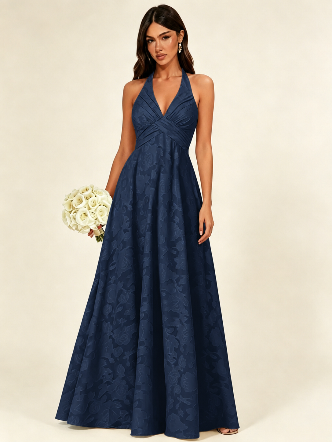Floral Jacquard Halter Deep V A-Line Maxi Dress Backless Lace-Up Corset Bridesmaid Dress