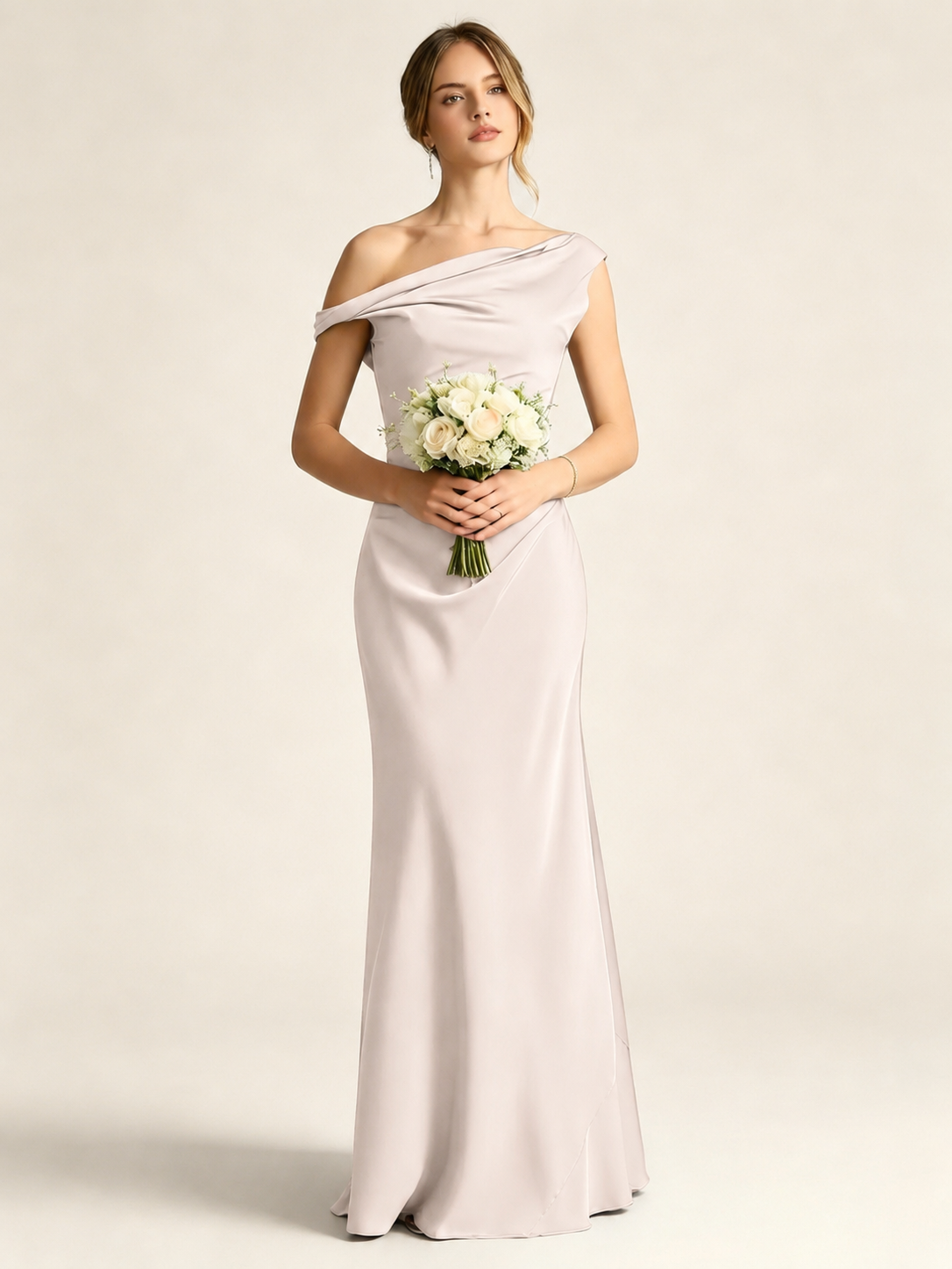 Satin Mermaid Bridesmaid Maxi Dress, Asymmetrical Off Shoulder Ruched Waist Open Back