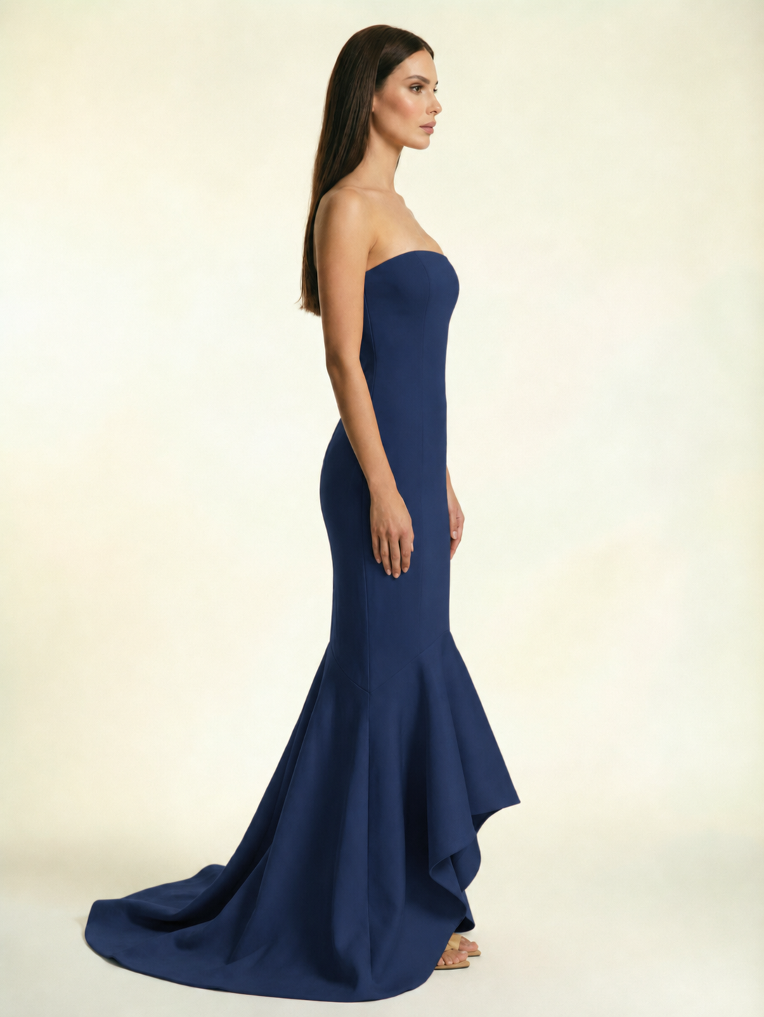 Strapless Satin Mermaid Dress With Ruffled Train & Lace-Up Back