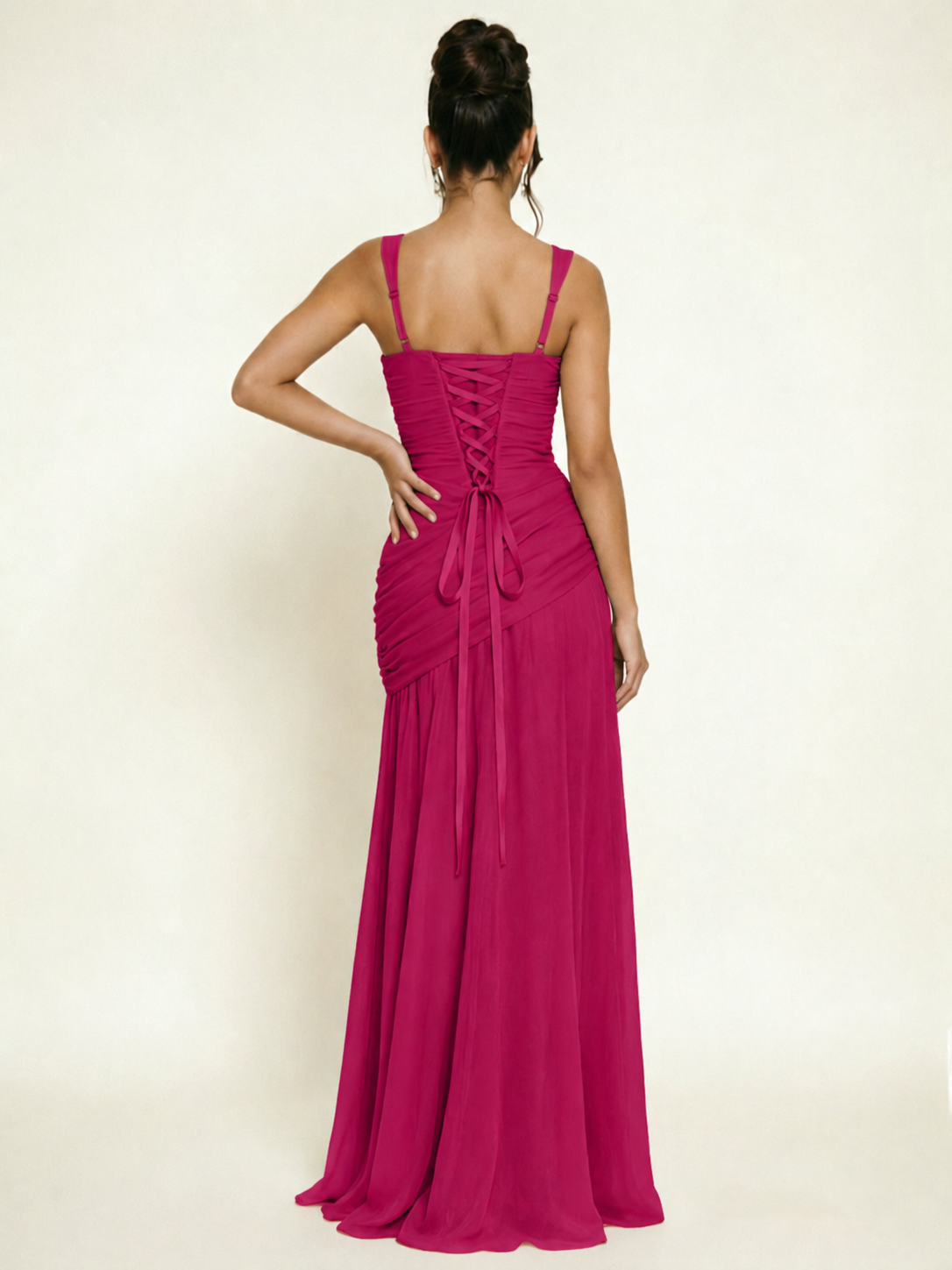 Adjustable Strap Shiny Draped Formal Maxi Dress with Corset Lace Up Back