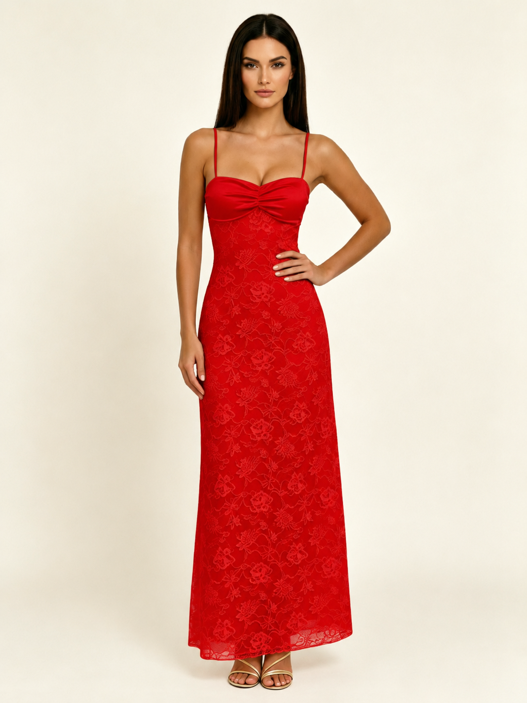 Satin Bust Lace Midi Maxi Dress, Spaghetti Strap Cross Lace Up Back Bridesmaid Dress