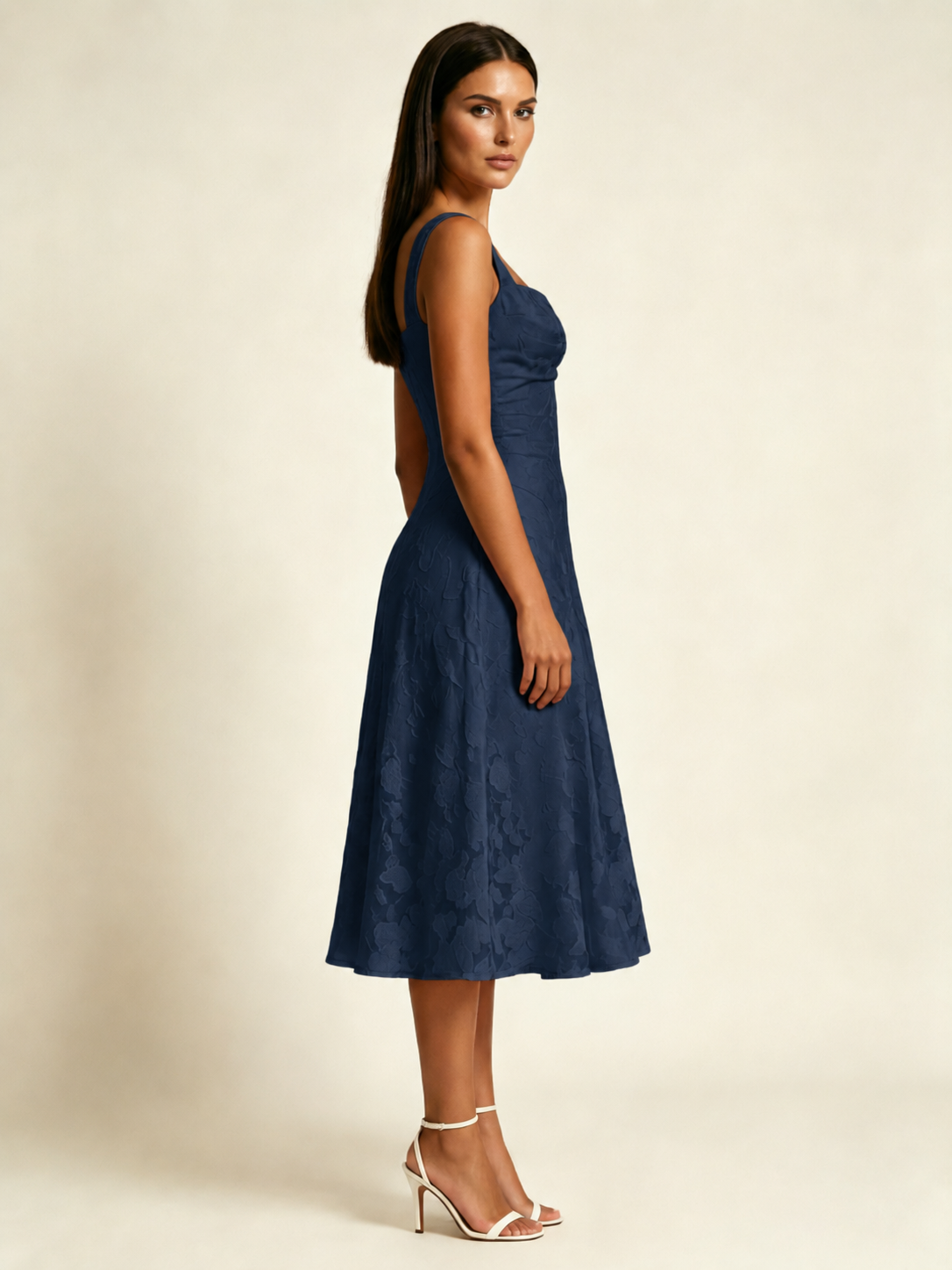 3D Floral Jacquard Square Neck Midi Dress