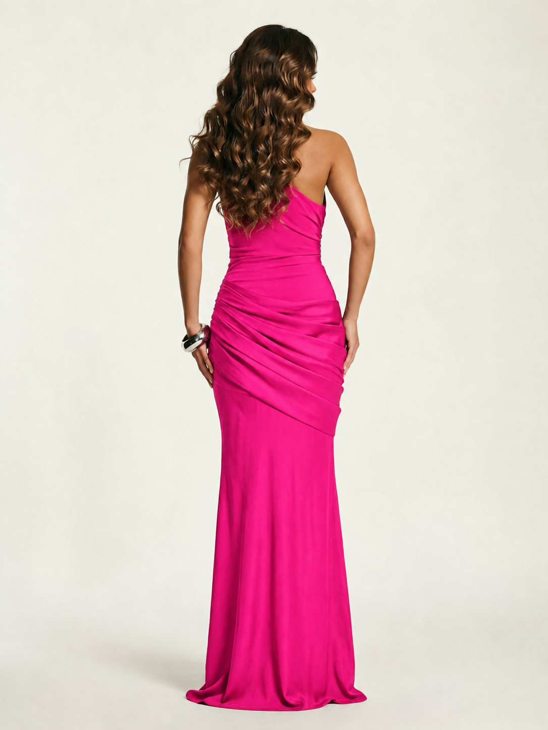 Single-shoulder satin floor-length evening dress