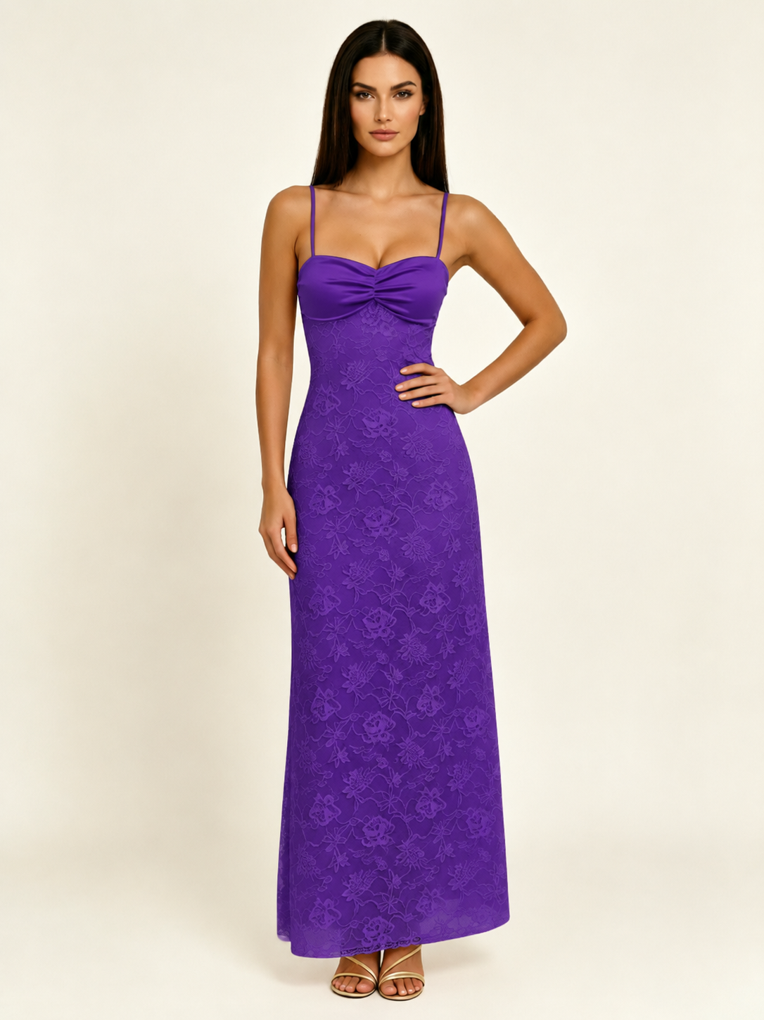 Satin Bust Lace Midi Maxi Dress, Spaghetti Strap Cross Lace Up Back Bridesmaid Dress