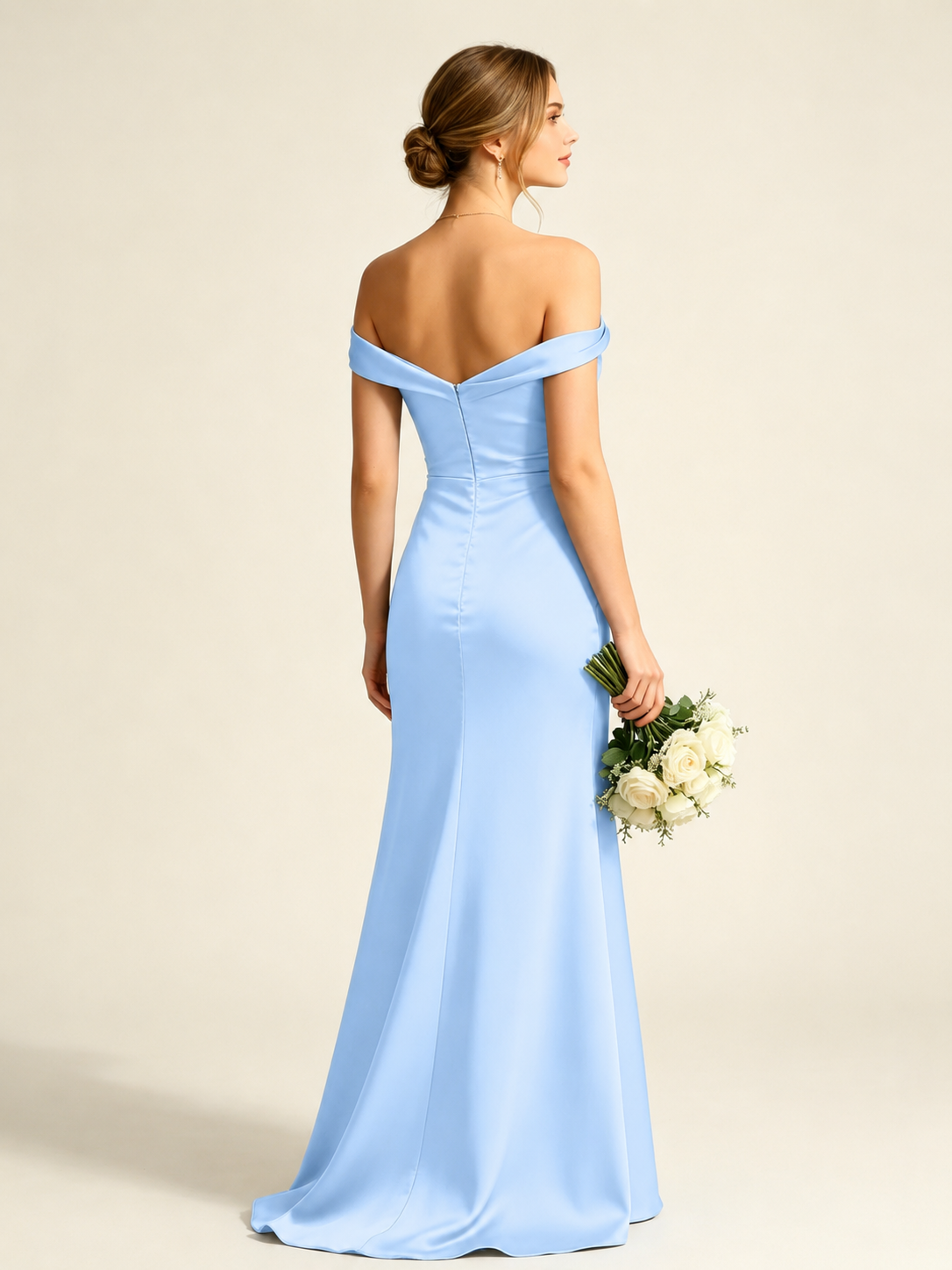 Satin Mermaid Bridesmaid Maxi Dress, Asymmetrical Off Shoulder Ruched Waist Open Back