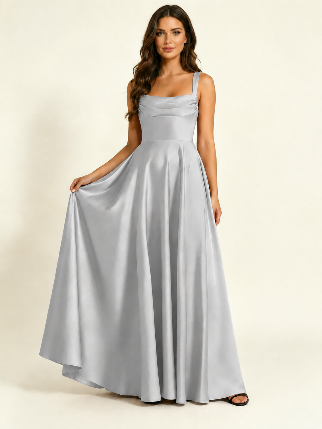 Satin Draped Cowl Square Neck A-Line Maxi Bridesmaid Dress