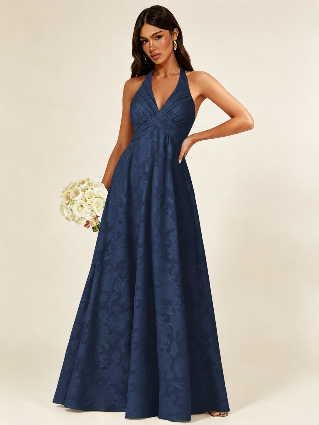 Floral Jacquard Halter Deep V A-Line Maxi Dress Backless Lace-Up Corset Bridesmaid Dress