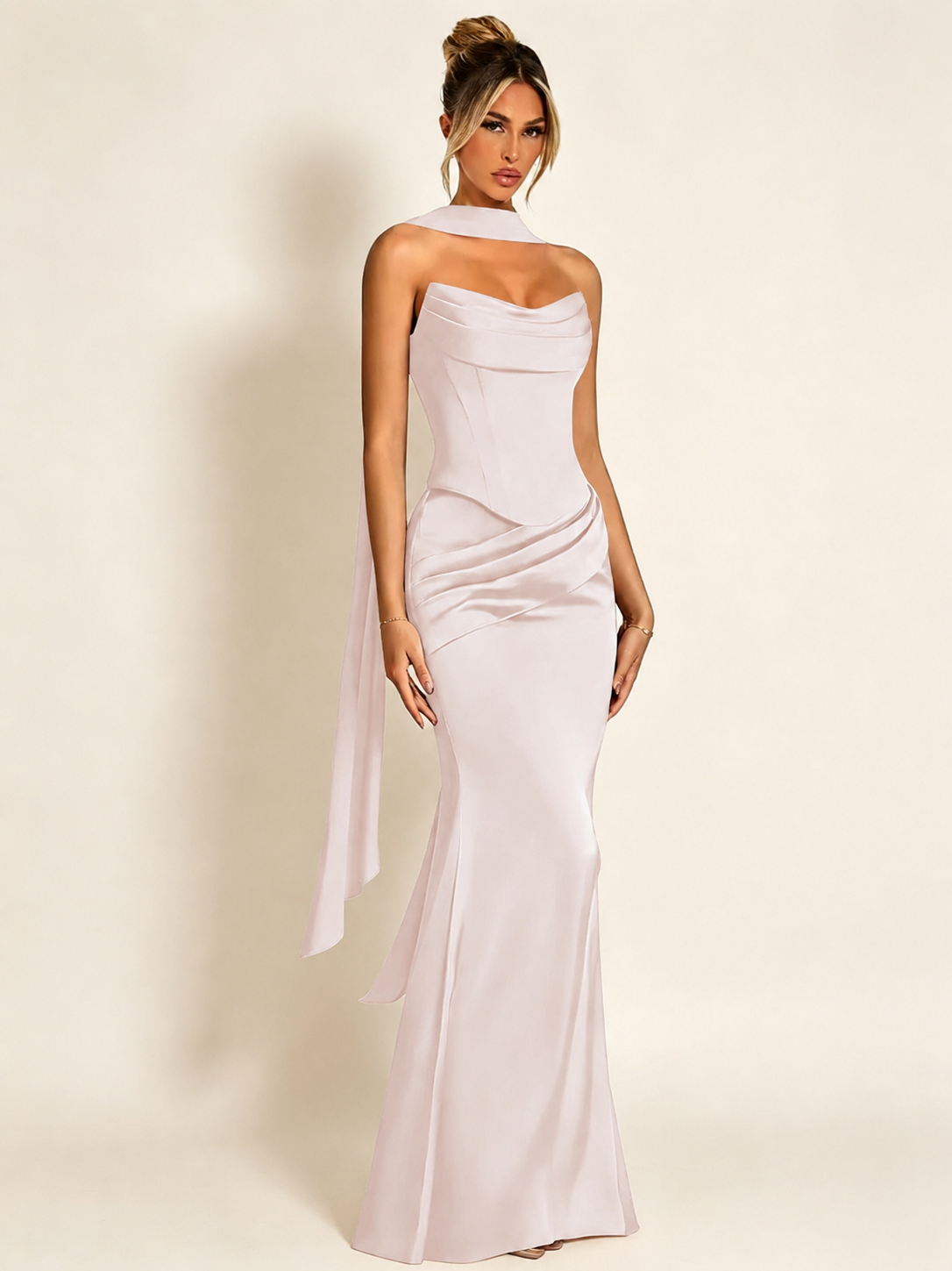 Satin Cowl Neck Mermaid Evening Dress with Corset Bodice and Draped Straps