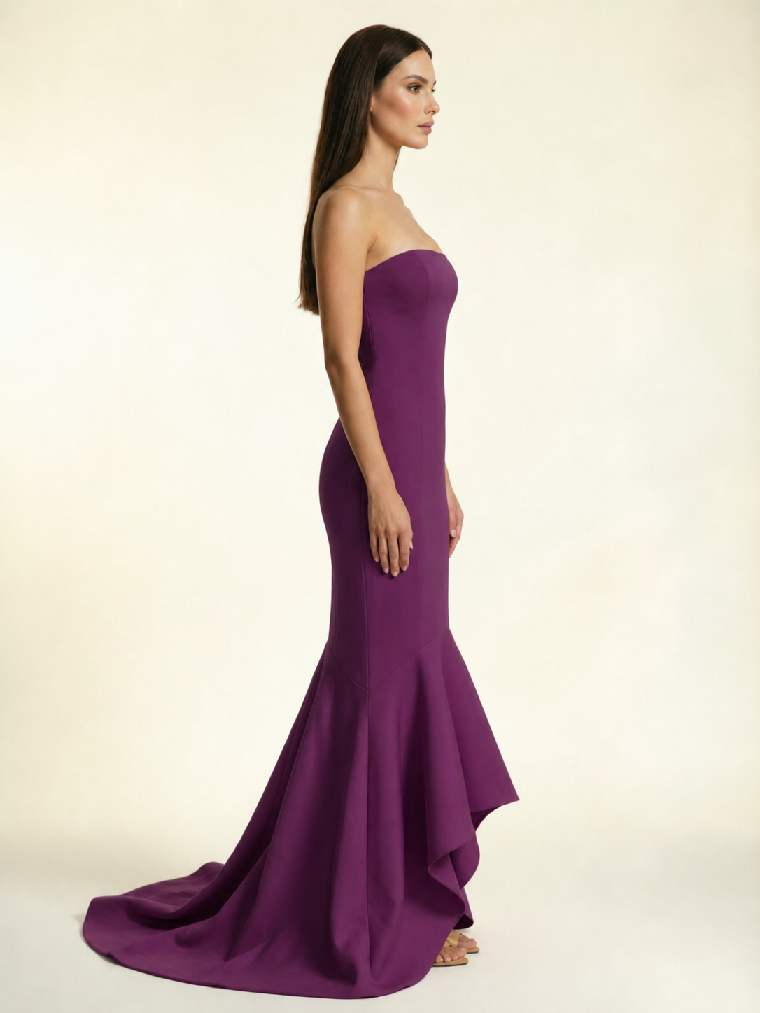 Strapless Satin Mermaid Dress With Ruffled Train & Lace-Up Back