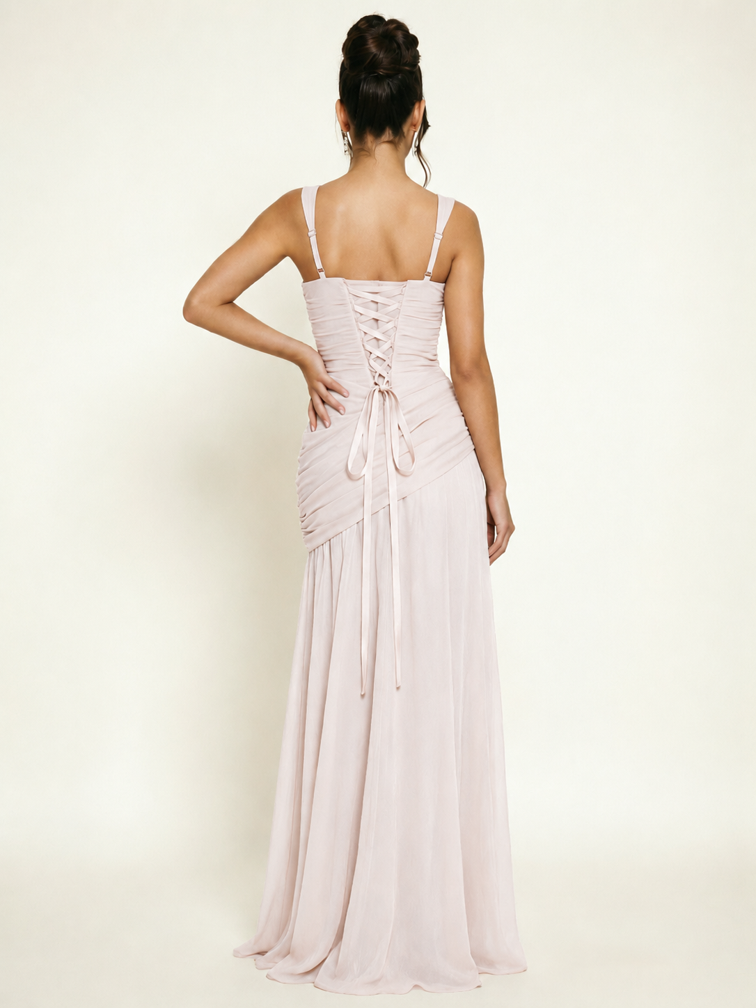 Adjustable Strap Shiny Draped Formal Maxi Dress with Corset Lace Up Back