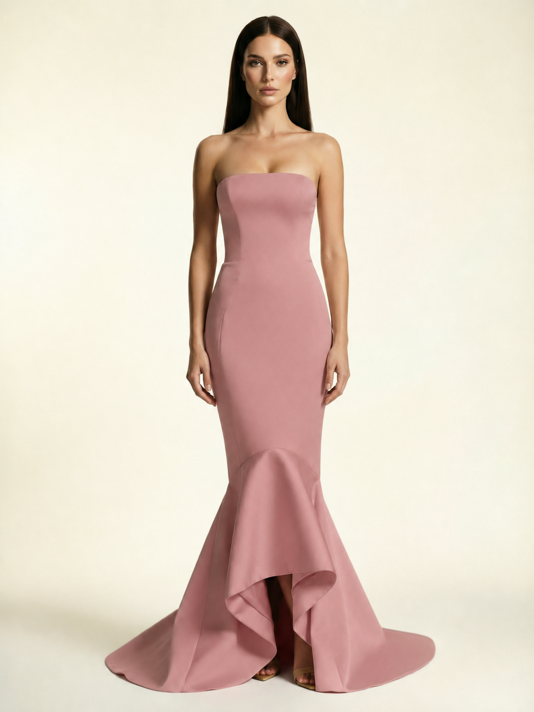 Strapless Satin Mermaid Dress With Ruffled Train & Lace-Up Back