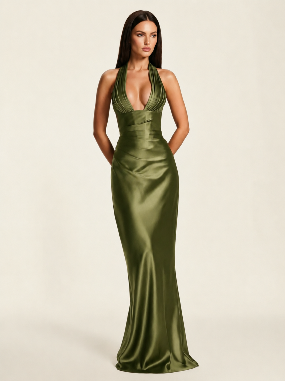 Deep V Satin Mermaid Lace-Up Back Formal Dress