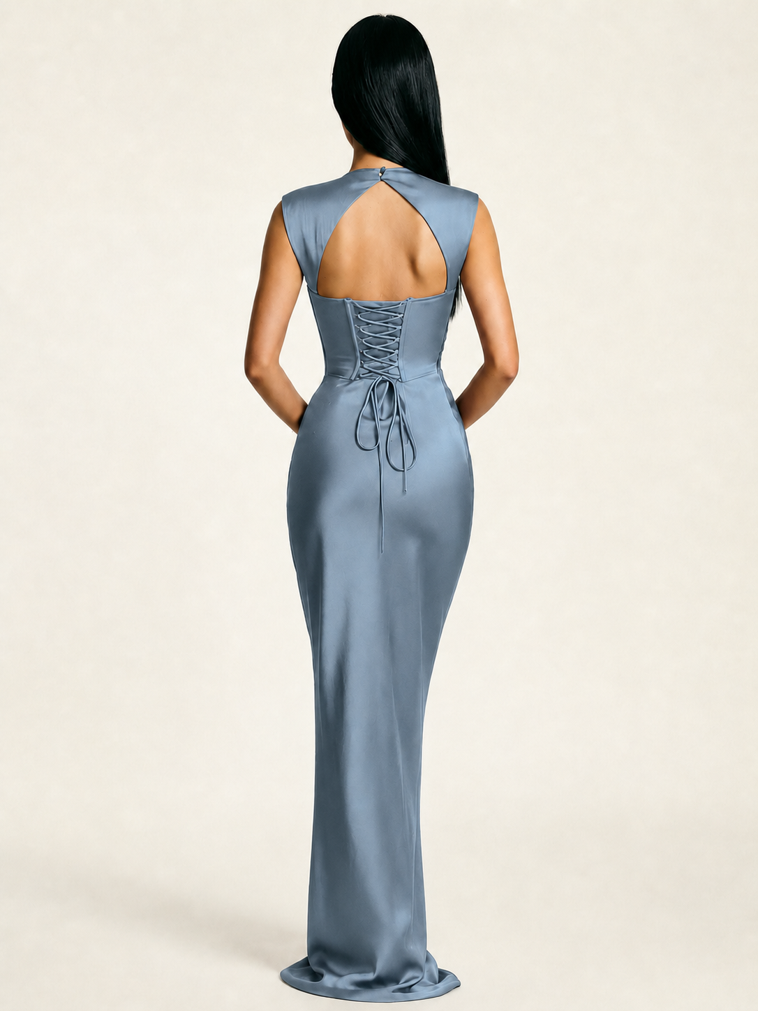Sleeveless Draped Satin Mermaid Cutout Back Formal Dress