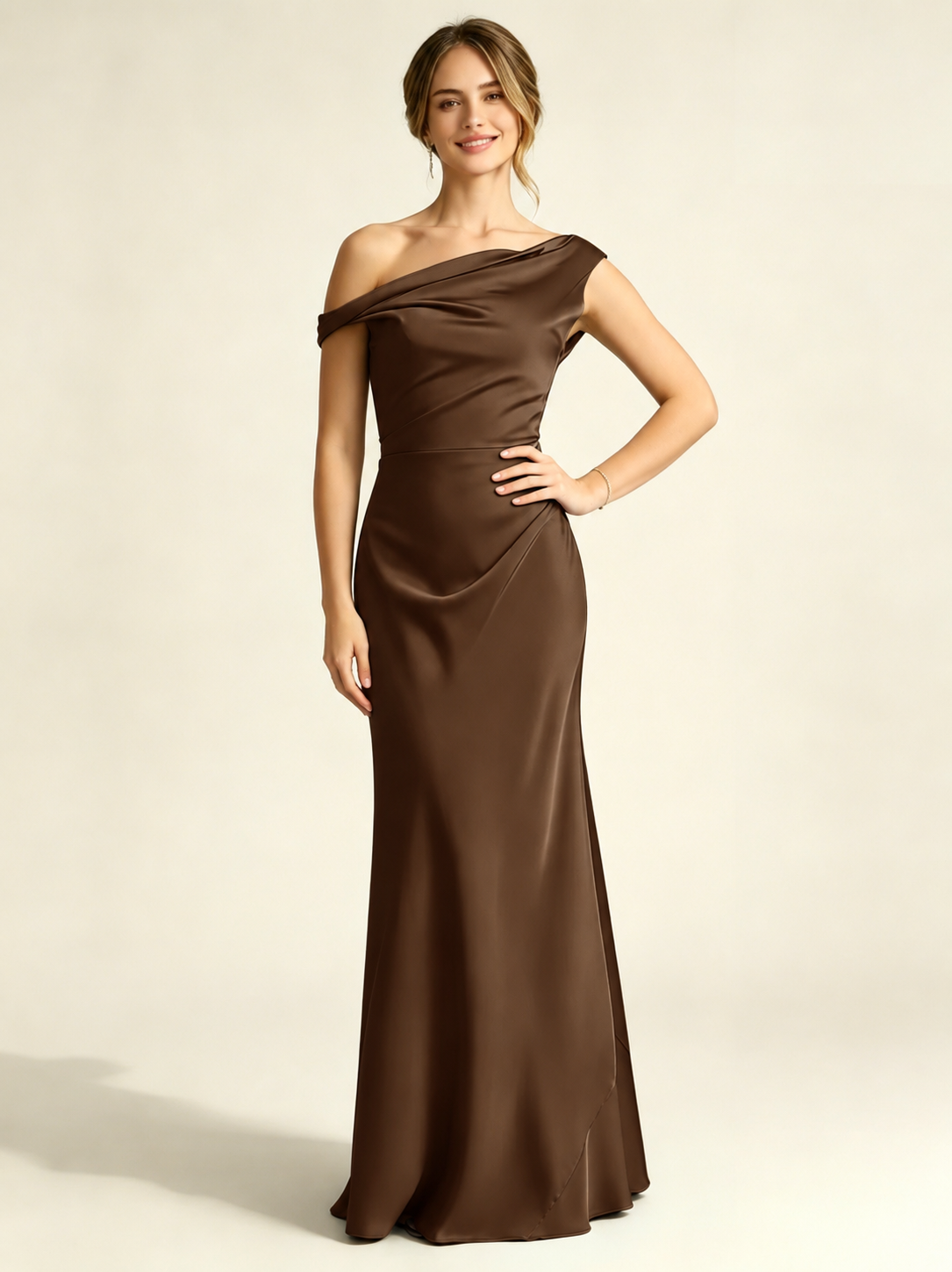 Satin Mermaid Bridesmaid Maxi Dress, Asymmetrical Off Shoulder Ruched Waist Open Back