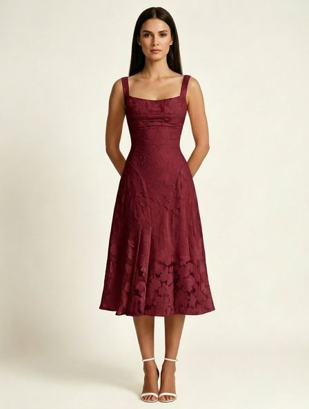 3D Floral Jacquard Square Neck Midi Dress