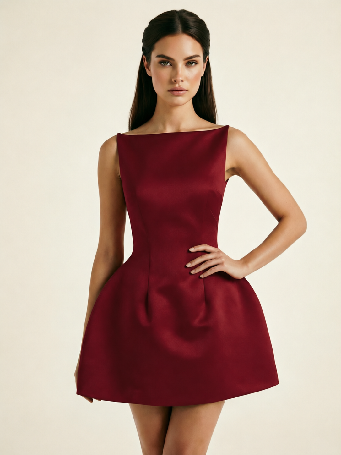 Satin Boat Neck Open Back Fit & Flare Mini Dress