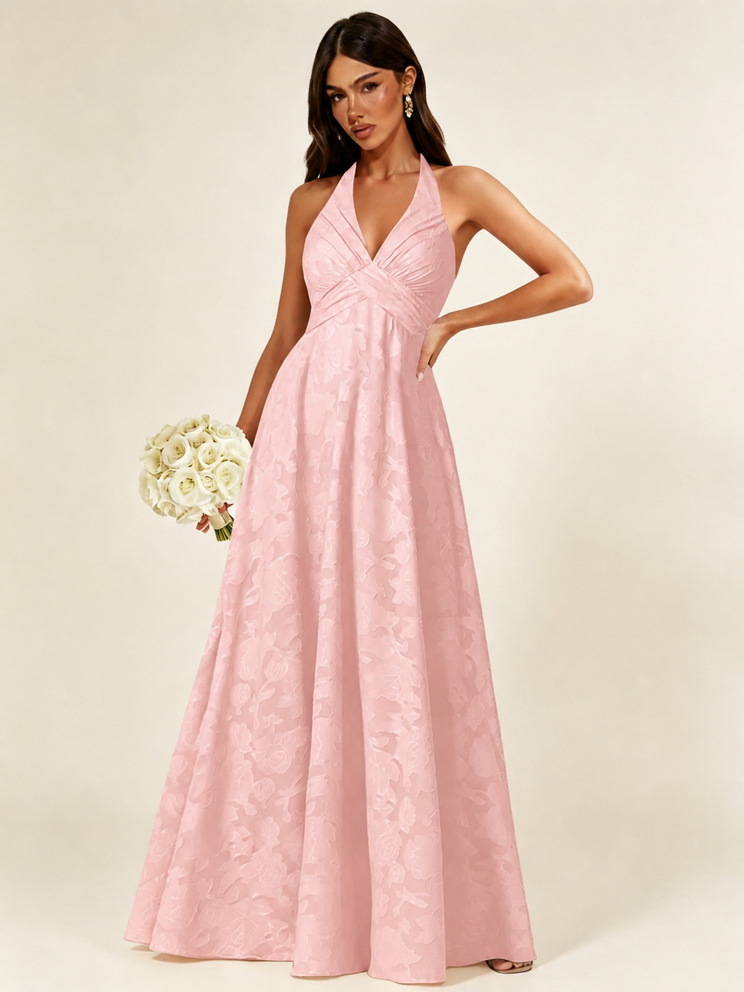 Floral Jacquard Halter Deep V A-Line Maxi Dress Backless Lace-Up Corset Bridesmaid Dress