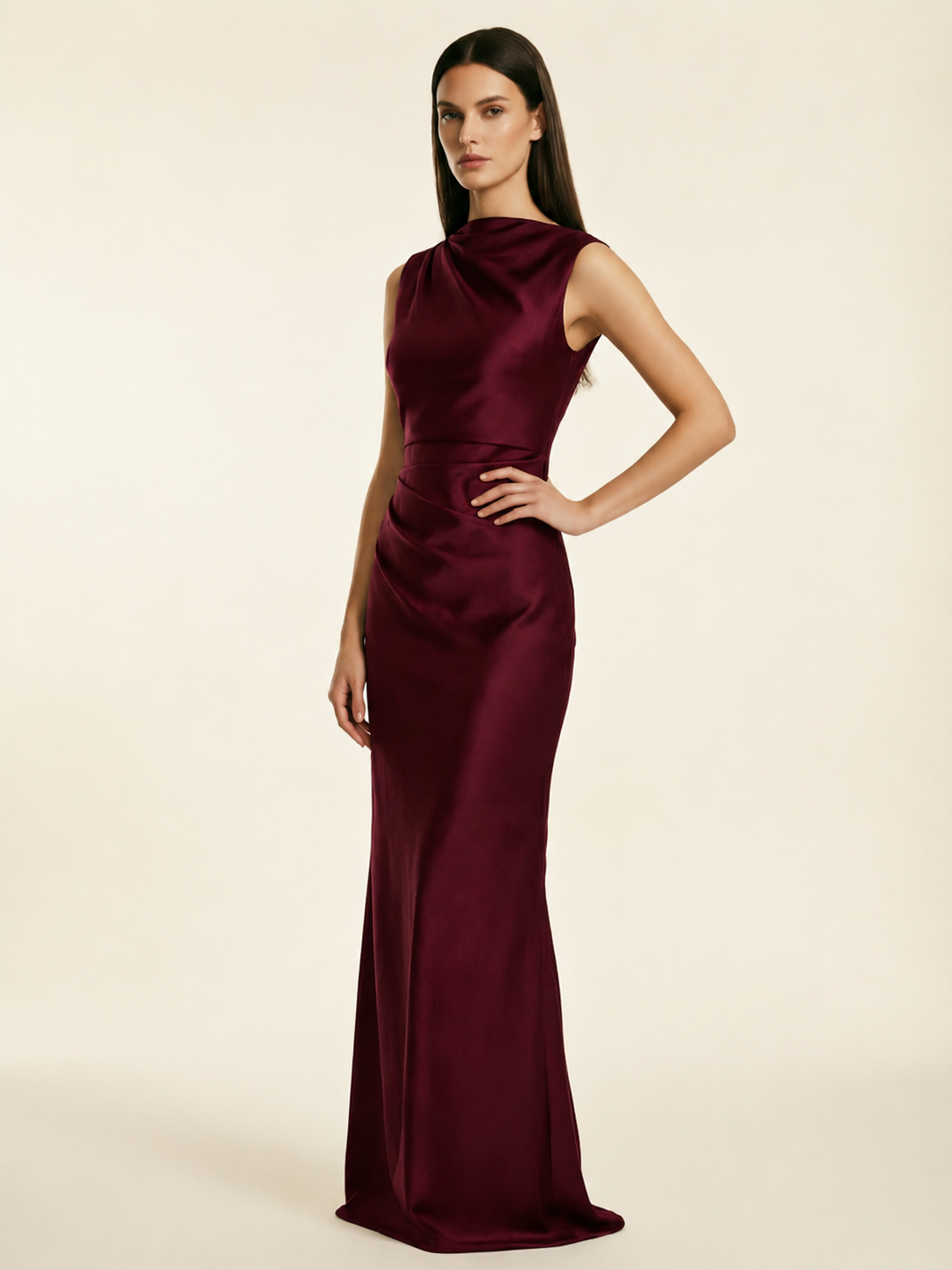 Sleeveless Draped Satin Mermaid Cutout Back Formal Dress