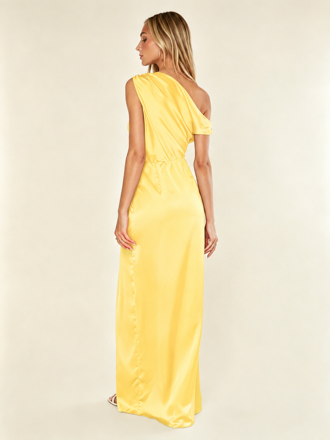 Satin One Shoulder Maxi Dress Asymmetric Draped High Slit Bridesmaid Dress