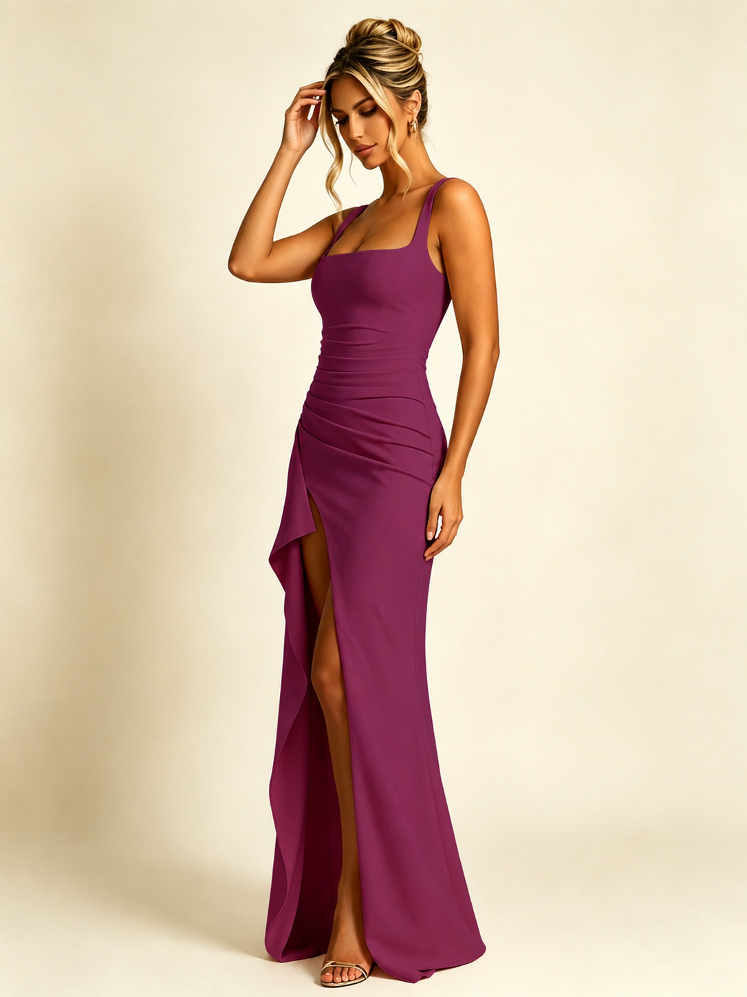 Square Neck Ruched Waist High Slit Mermaid Maxi Dress Ruffle Train Bodycon Bridesmaid Dress