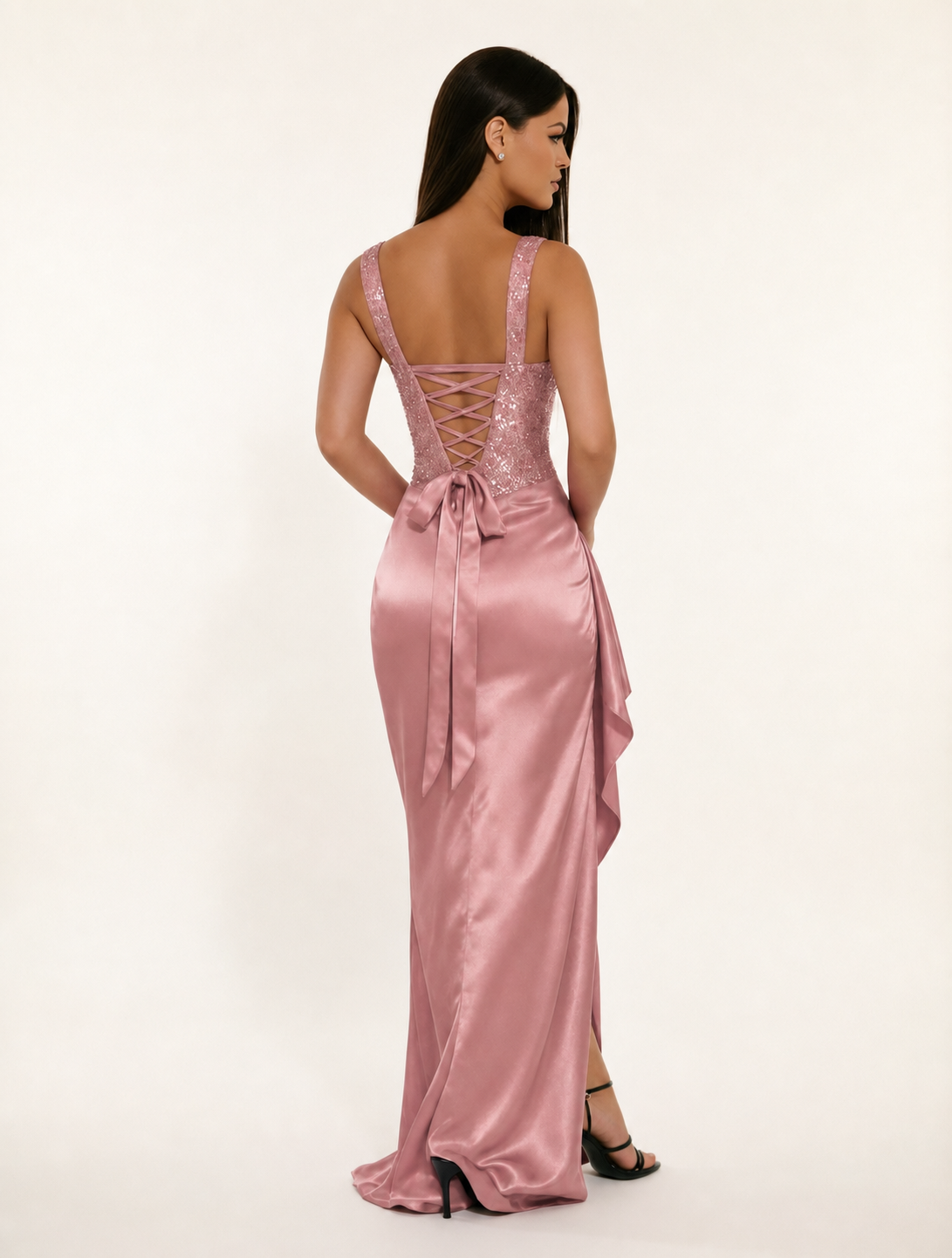 Sequin Corset Satin High Slit Formal Maxi Dress