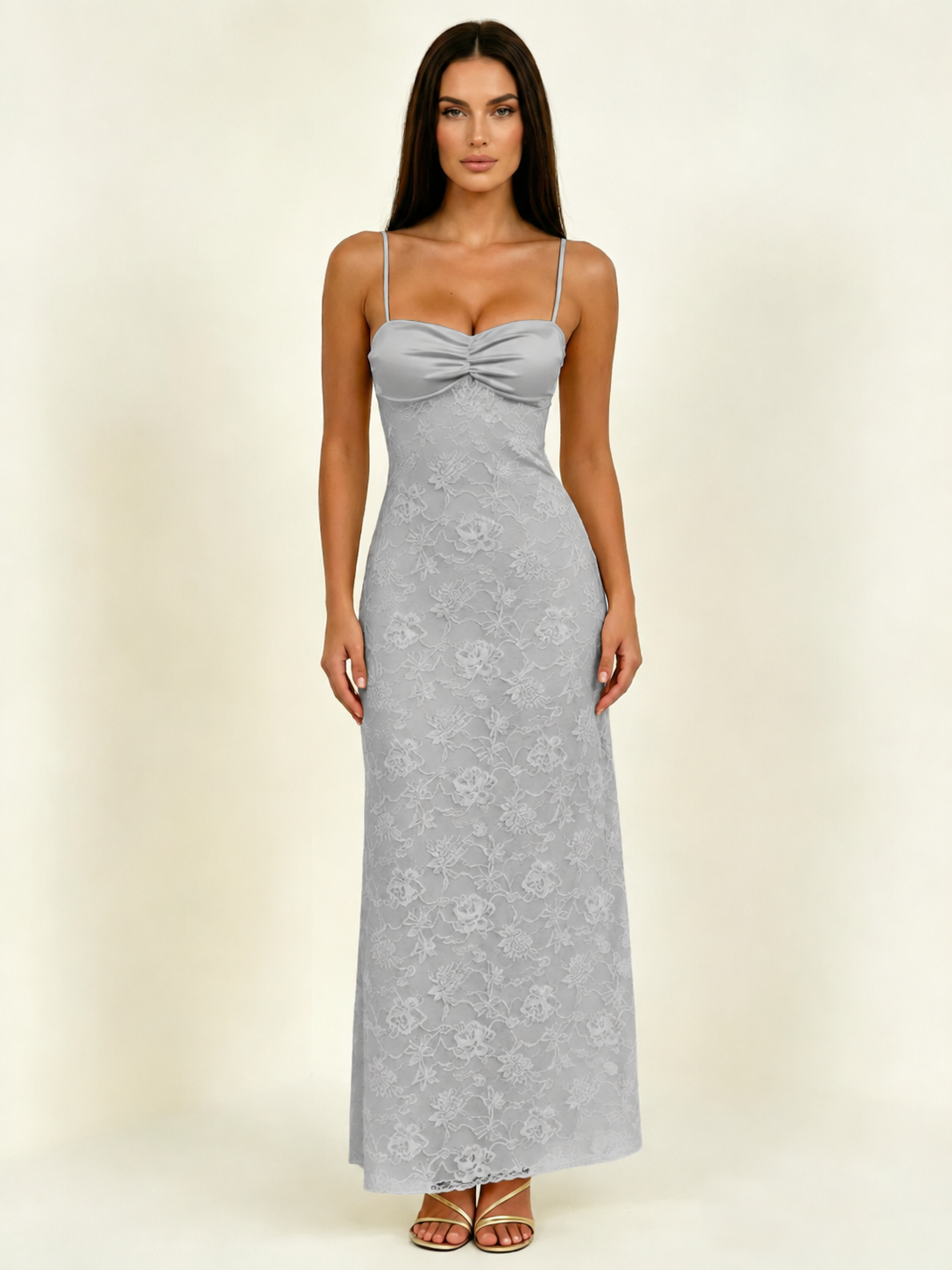 Satin Bust Lace Midi Maxi Dress, Spaghetti Strap Cross Lace Up Back Bridesmaid Dress