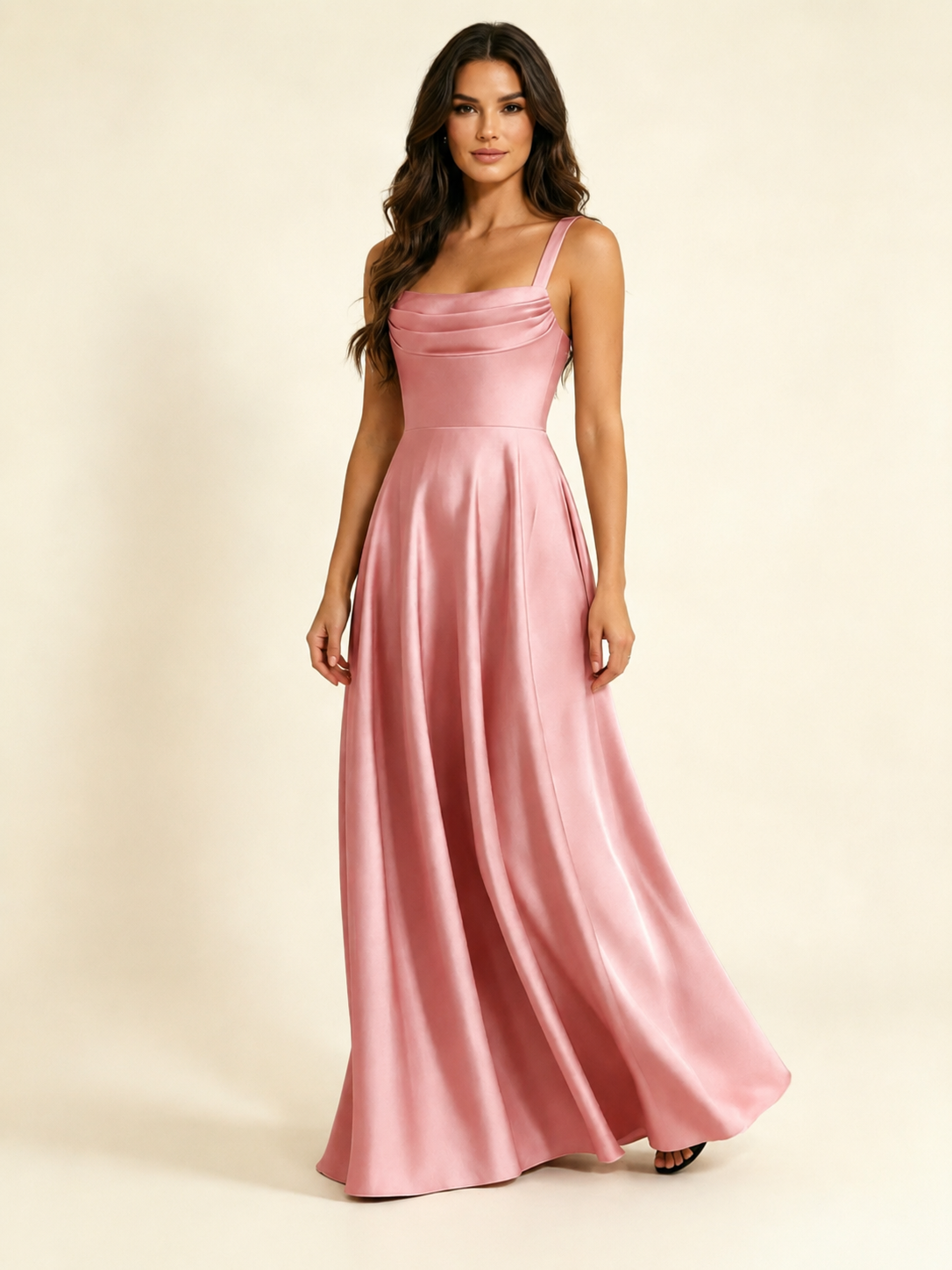 Satin Draped Cowl Square Neck A-Line Maxi Bridesmaid Dress