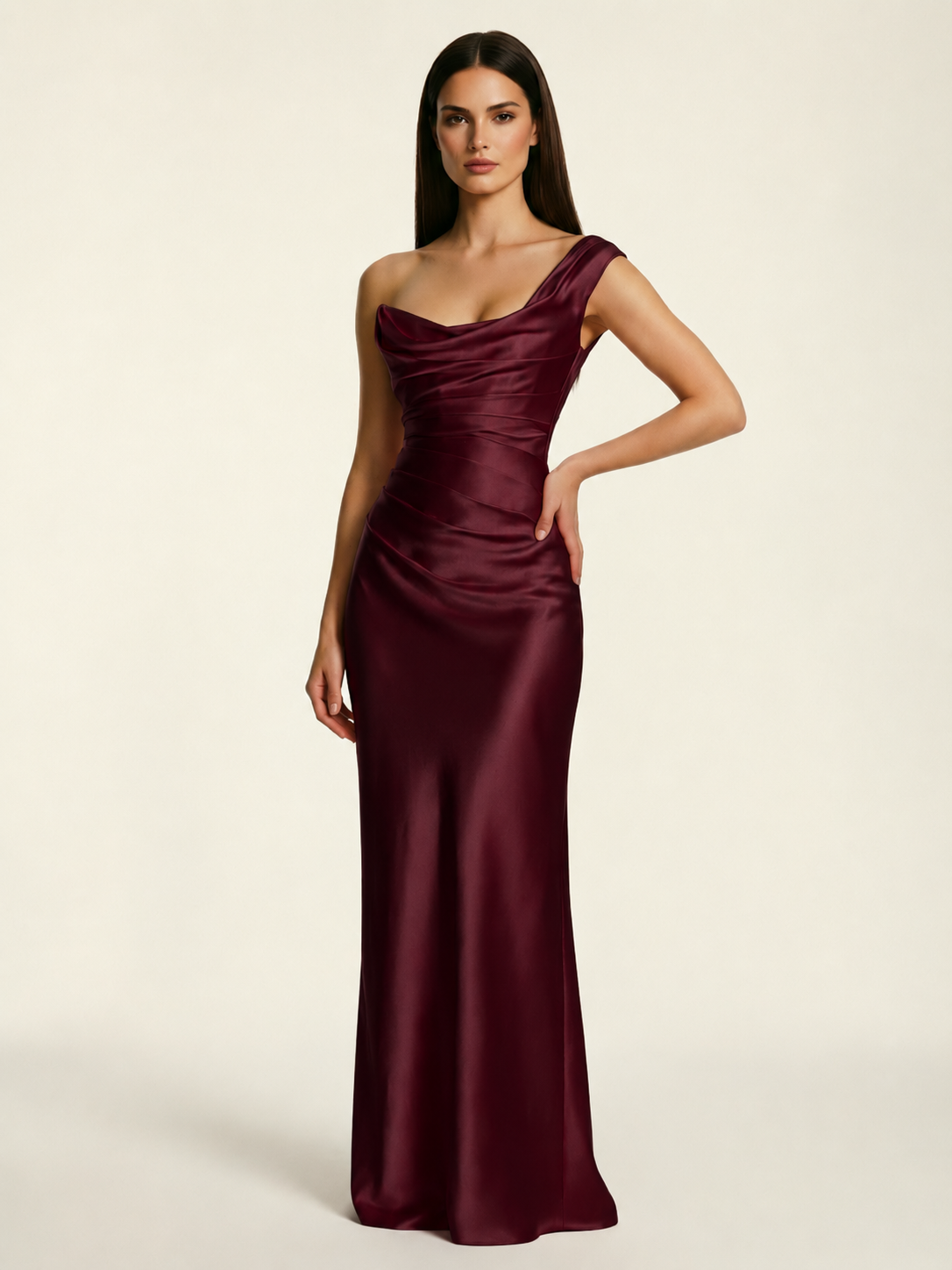 Single-shoulder satin back strap design formal dress